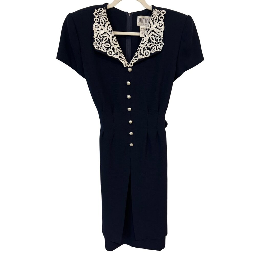 Vintage Julian Taylor New York Lace Collar Dress Sz 12 Short Sleeve Navy Retro